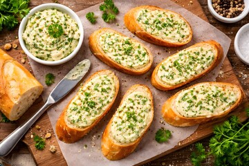 Crispy baguette with homemade herb butter on a rustic wooden board