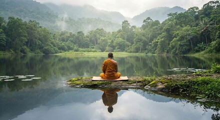 Peaceful meditating sitting near calm green lake water in tropical forest nature background concept for mindfulness spiritual zen yoga and mental wellness relaxation