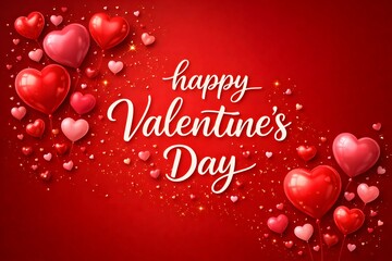 Happy Valentine's Day lettering on a red background with heart balloons