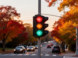 Autumn street with traffic light