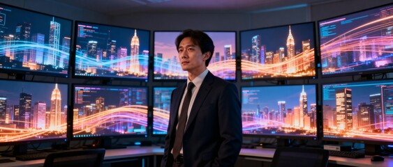 Man in suit standing in front of multiple monitors