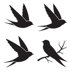 Fototapeta premium Four black silhouette illustrations of birds in flight and perched on a bare tree branch against a white background