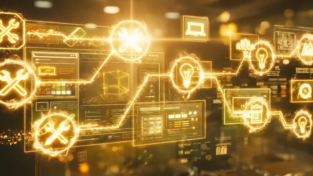 Cinematic digital design workspace with floating holographic screens, scrolling code, 3D models, color palettes, animated neon icons, and creative energy