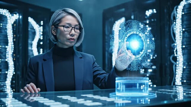 Businesswoman touches holographic data circle in futuristic datacenter room. Woman analyzes digital data interface. Executive uses holographic technology. Data visualization in datacenter.