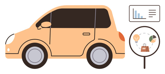 Automotive market research, business analysis, sales data, car trends, management insights, retail strategies. Cartoon car and analytics charts. Automotive market research and business analysis