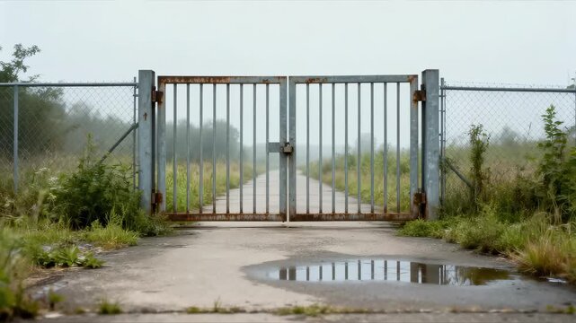 Rusty metal gate with locked mechanism standing closed on foggy pathway, surrounded by overgrown grass and puddles, emphasizing the feeling of abandonment and isolation in the environment