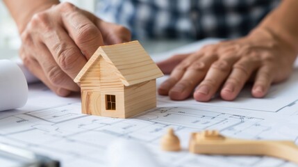 Wooden house model placed on architectural blueprints with hands of an architect during building design process