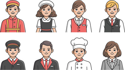 Hospitality Staff Character Set Vector Illustration Professional Uniform Roles Cartoon Design