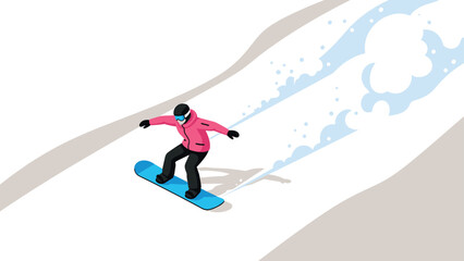 Obraz premium Snowboarder in pink jacket gliding down snowy mountain slope in isometric style