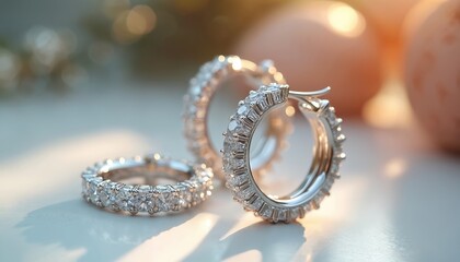 Pair of shiny diamond hoop earrings and a ring gleam on white surface. Round and cut stones create sparkle. Elegant jewelry collection for special occasions, parties or daily luxury wear.