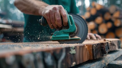 Person Using Electric Saw to Cut Wood Plank in Forest Setting with Flying Wood Shavings and Logs in Background