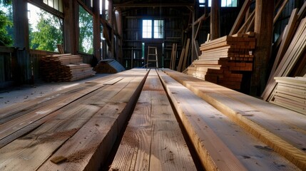 Fototapeta premium Sunlit Wooden Beams in Rustic Workshop with Tools and Stacked Lumber in an Old Barn Setting