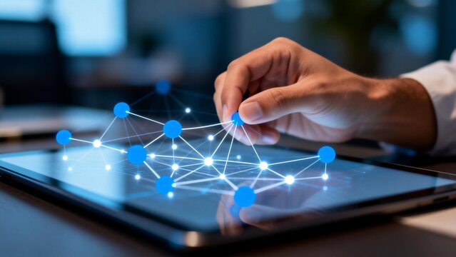 Hand interacting with digital network on tablet - Powered by Adobe