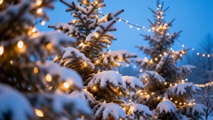 Snowy Christmas Trees with Lights