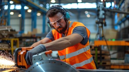 Skilled worker cutting metal with power tool in industrial factory setting showcasing safety gear and precise craftsmanship
