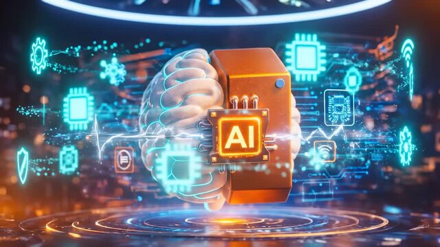 Cinematic human brain connected to glowing AI computer chip with neural circuits, vibrant neon lights, and floating holographic elements in high-tech scene