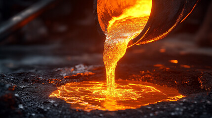 Molten metal pouring in a fiery stream, showcasing intense heat, industrial process, and dynamic flow with glowing liquid metal in a high-energy manufacturing scene