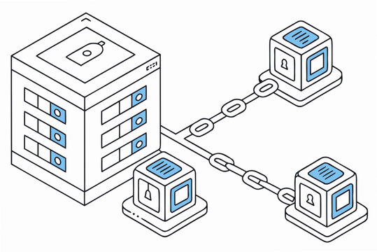 A vector graphic illustration of a blockchain network with connected blocks