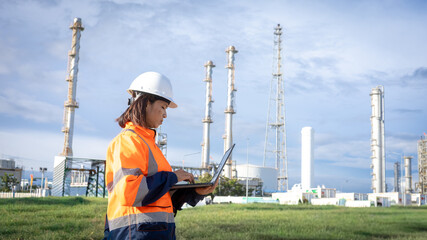 A worker stands outside at a large industrial site. They use a laptop while surrounded by tall structures and equipment. The sky is clear, and it is daytime
