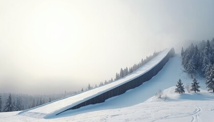 Large ski jumping ramp ascends a snow covered hill amid trees. Foggy sky looms over cold winter landscape. Athletes prepare for extreme sport competition.