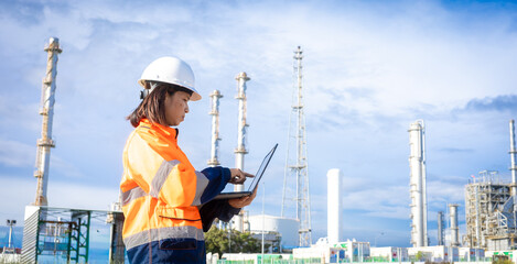 A worker stands outdoors at an industrial site. The person uses a laptop while wearing a safety helmet and bright clothing. Tall structures are visible in the background © Happy Photo