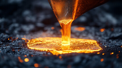 Molten metal pouring in a fiery stream, showcasing intense heat, industrial process, and dynamic flow with glowing liquid metal in a high-energy manufacturing scene