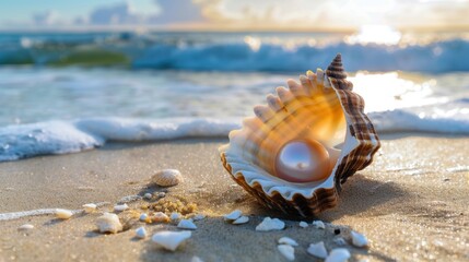 Beautiful seashell with pearl resting on sandy beach at sunset, waves gently lapping in background