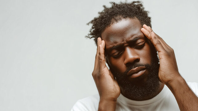 A man with a beard and dreadlocks is holding his head