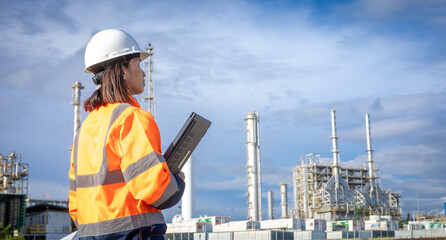 A worker in safety gear stands outside at an industrial location. She holds a clipboard and looks at the tall structures under a cloudy sky