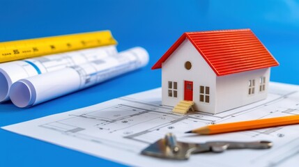 Model House on Blueprint with Tools and Measuring Tape for Construction and Architectural Planning