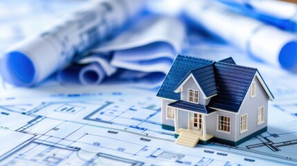 Miniature house on architectural blueprints, highlighting home design and construction planning in a creative setting