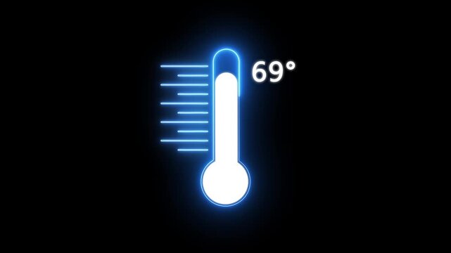 Neon Medical thermometer icon animation. Digital Temperature Meter Display 69&deg;C. Thats indicates weather temperature 69 degree increse or decline.