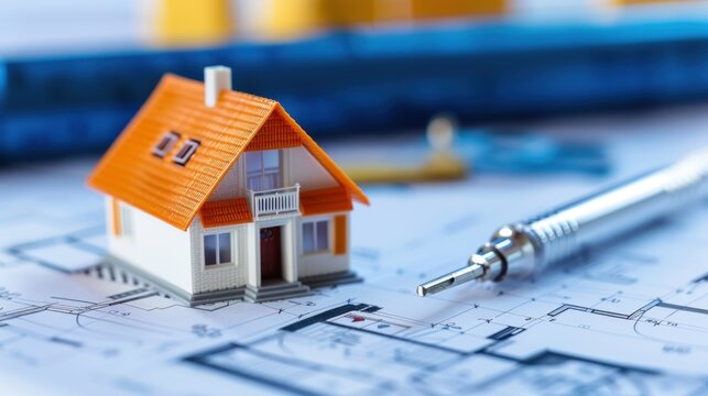 Miniature house model with architectural blueprints and drafting tools on workspace for construction and design projects - Powered by Adobe