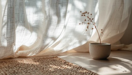 Textile vignette with woven fabric and natural shadows, boho lifestyle background