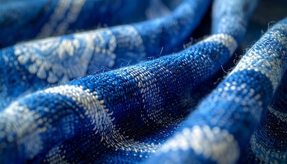 Close up of woven adire fabric texture with natural indigo dye, artisan textile background