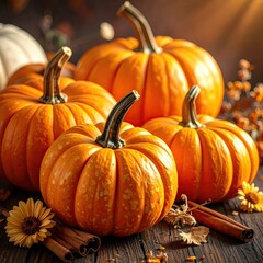 Several ripe pumpkins with autumn decor on a dark wooden table