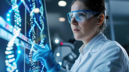 Female Scientist Analyzing Data on DNA Sequence in Modern Laboratory with Advanced Technology