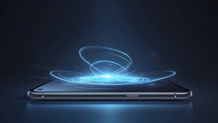 Smartphone with glowing blue light trails representing advanced digital technology and data transfer