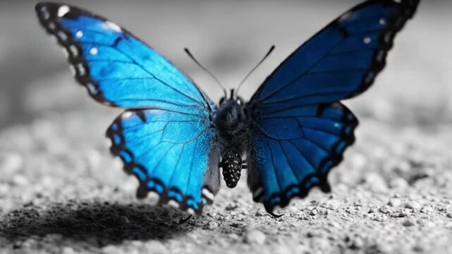 A vibrant blue butterfly with blackedged wings rests on a mottled gray surface contrasting starkly
