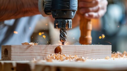 Close-Up of Hand Operating Drill Press on Wood with Shavings and Sparks in Workshop Environment