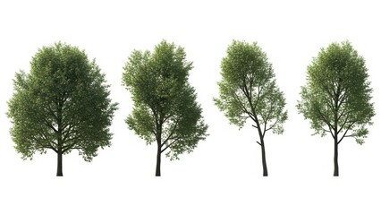 Set of 4 Isolated Trees Green Foliage Against White Background, 3D Render