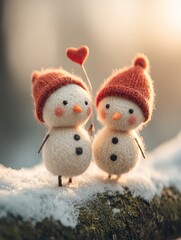 Fototapeta premium Cozy winter scene of two snowmen with red hats on snowy branch, love heart balloon, macro photography with shallow depth of field