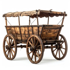 Fototapeta premium Wooden wagon with canvas top and spoked wheels, isolated