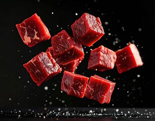 Raw red meat cubes levitating against a black background with specks