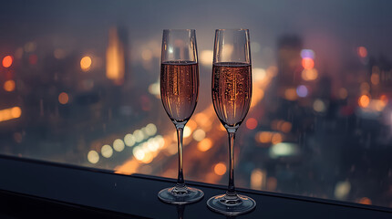 Two glasses of ros&eacute; champagne are highlighted against the backdrop of a city illuminated by night, capturing a scene of elegance and celebration.