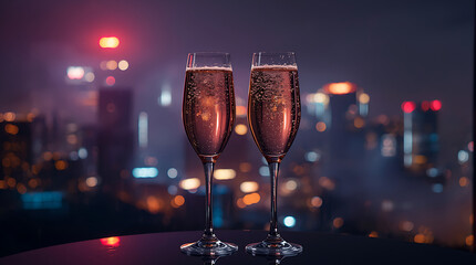 Two glasses of ros&eacute; champagne are highlighted against the backdrop of a city illuminated by night, capturing a scene of elegance and celebration.