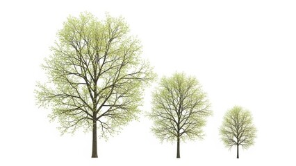 Fototapeta premium Three Vector Trees with Delicate Green Leaves, Isolated on White Background