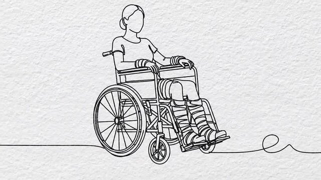 One line drawing of disability woman continuous sketch vector Hand drawn concept of girl with broken legs Woman with physical disability sitting in wheel chair in continuous one line drawing Single
