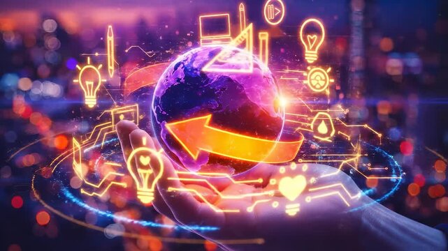 Human hand holding glowing holographic Earth with global connectivity arrows, digital education tools and neon city lighting