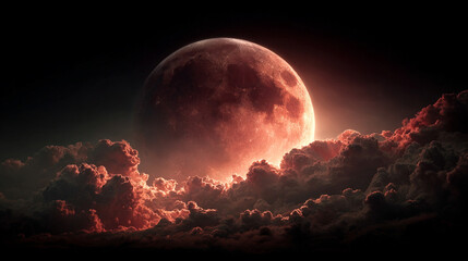 Dramatic lunar eclipse with a blood-red moon partially obscured by clouds, creating a mysterious, cosmic, and atmospheric celestial scene